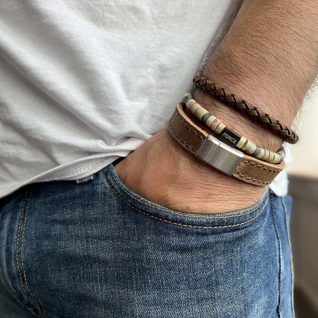 Force armbånd beige/jord fv. sten m. stål bead