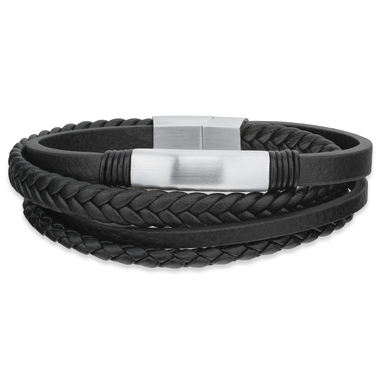 *Force armbånd 4 rk.plade sort læder stål lås 19 cm