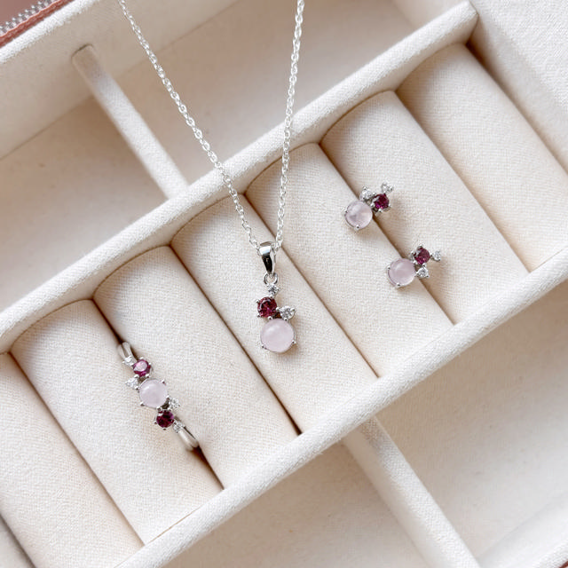 *Øreringe rhodolit/rosaquartz/cubic zir. sølv rh.