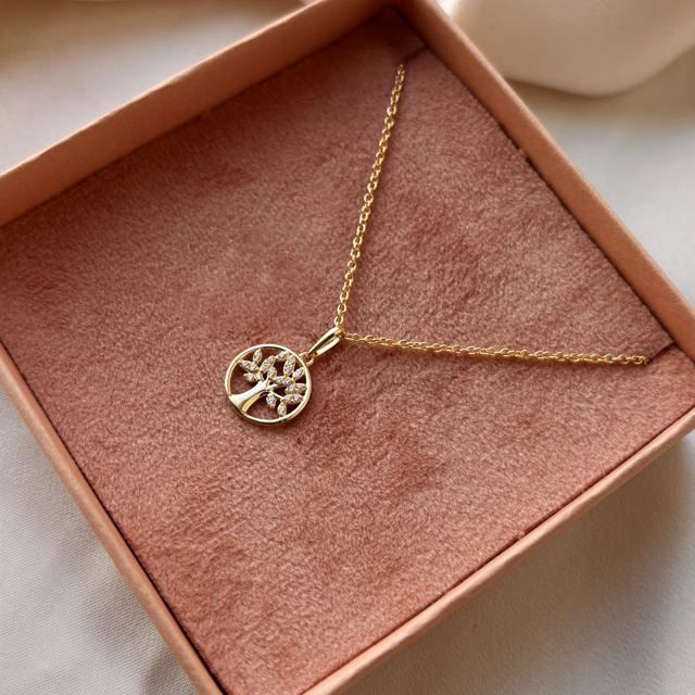 *Vedhæng Livets Træ cubic zir. 8 kt. m. sølvkæde