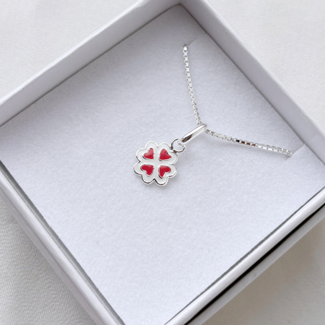 *Girls vedhæng rød kløver sølv m/kæde