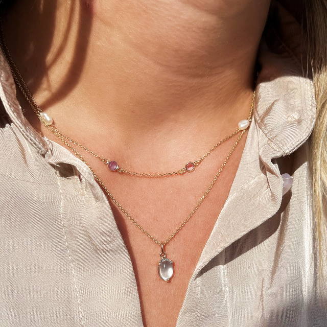 Halskæde rosa/pink/lilla cubic zir. 42+3cm 9 kt.