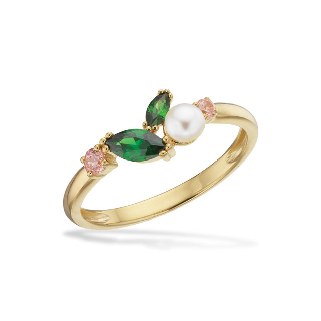 Ring fwp. pink+green zir. 925 goldplated