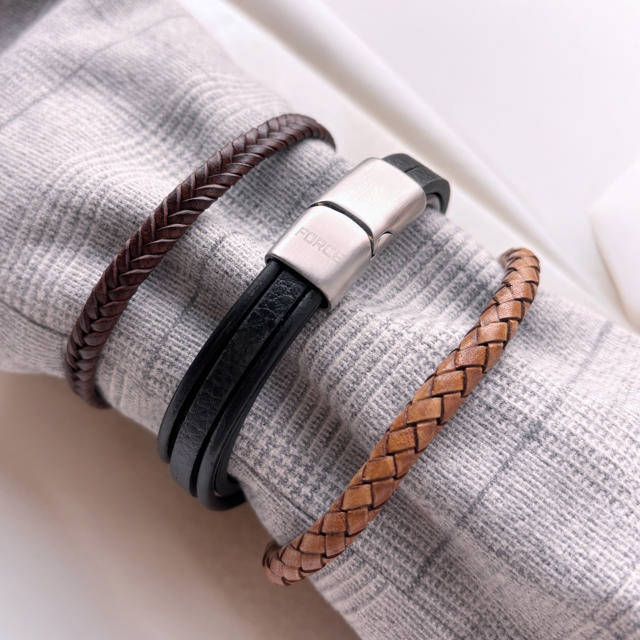 Bracelet brown leather steel lock