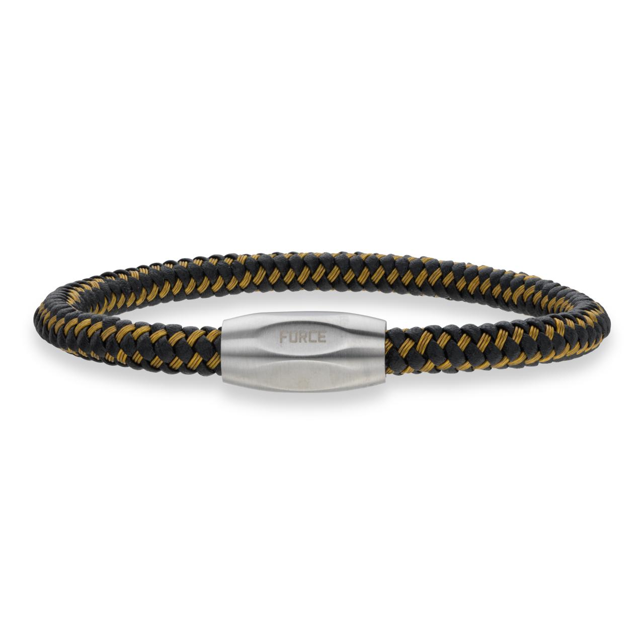 Force armbånd guld kabel/sort læder stål lås 23cm