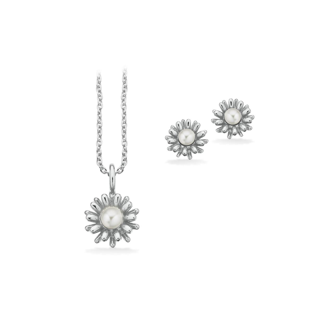 Pixel smykkesæt blomst m. perle sølv 